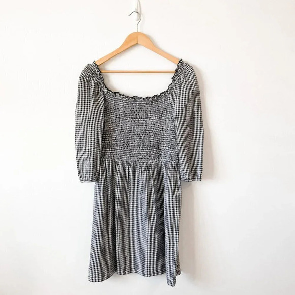 Mango Square Neck Puff Sleeve Smocked Bodice Black White Gingham Mini Dress Sz L - Picture 4 of 7
